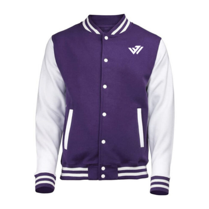 Custom bomber jacket in purple and white with personalized chest logo for teams