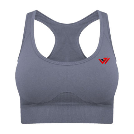 Women's grey seamless racerback sports bra with custom chest logo by JACX Wears