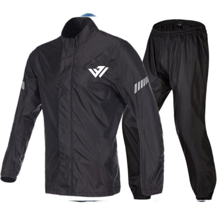 JacxWears 2-piece black waterproof rain suit featuring a workwear jacket with reflective arm stripes and matching water-resistant work pants.